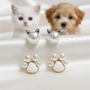 Pearl Cat Ear and Paw Stud Earrings Set - White